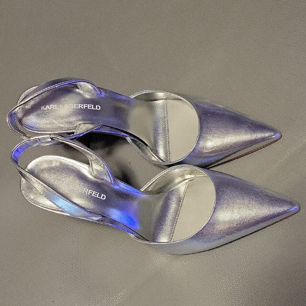 Karl Lagerfeld Metallic Silver Slingback Heels